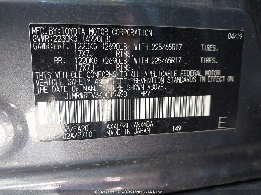 VIN JTMRWRFV3KD019490 2019 TOYOTA RAV4 HYBRID XLE