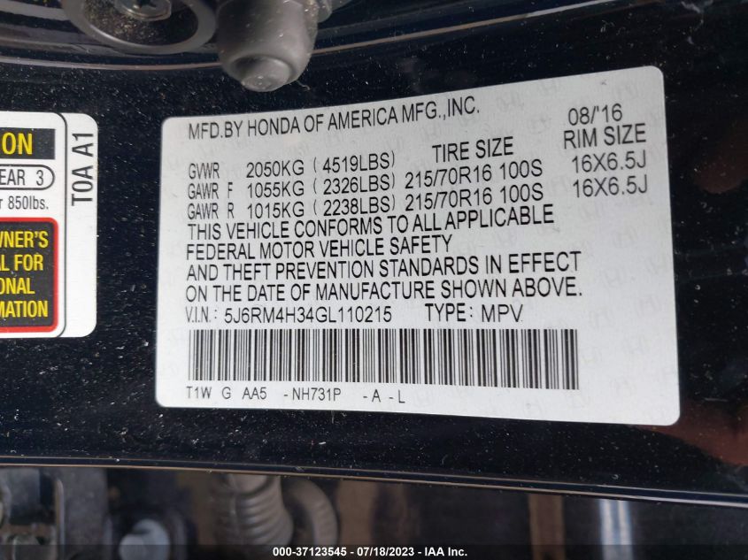 2016 HONDA CR-V LX - 5J6RM4H34GL110215