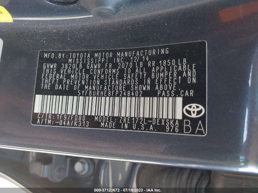 2015 TOYOTA COROLLA L/LE/S/S PLUS/LE PLUS - 5YFBURHE8FP248402
