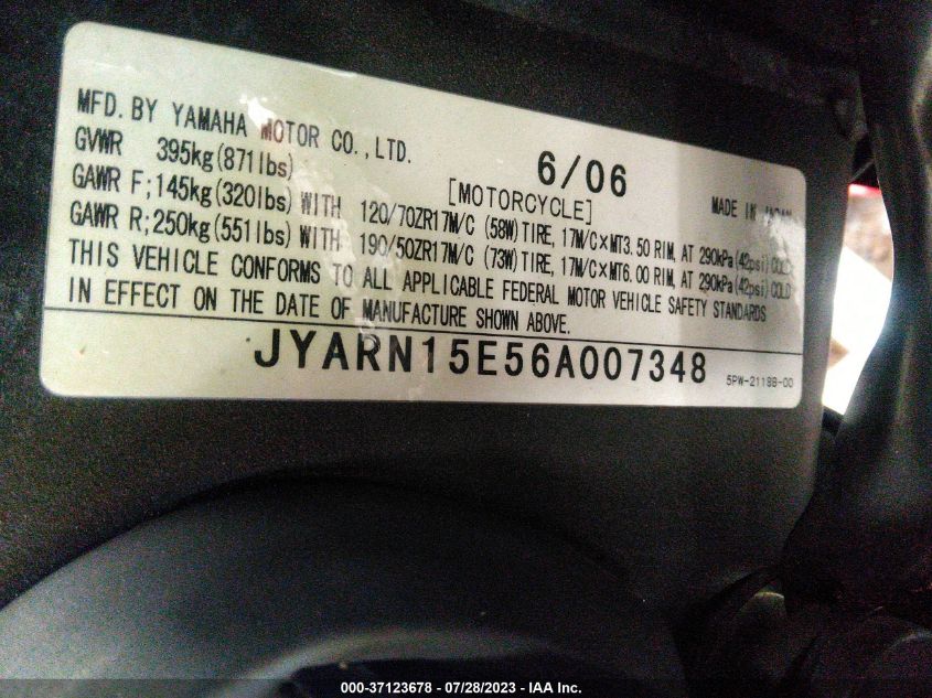 2006 YAMAHA YZFR1 JYARN15E56A007348