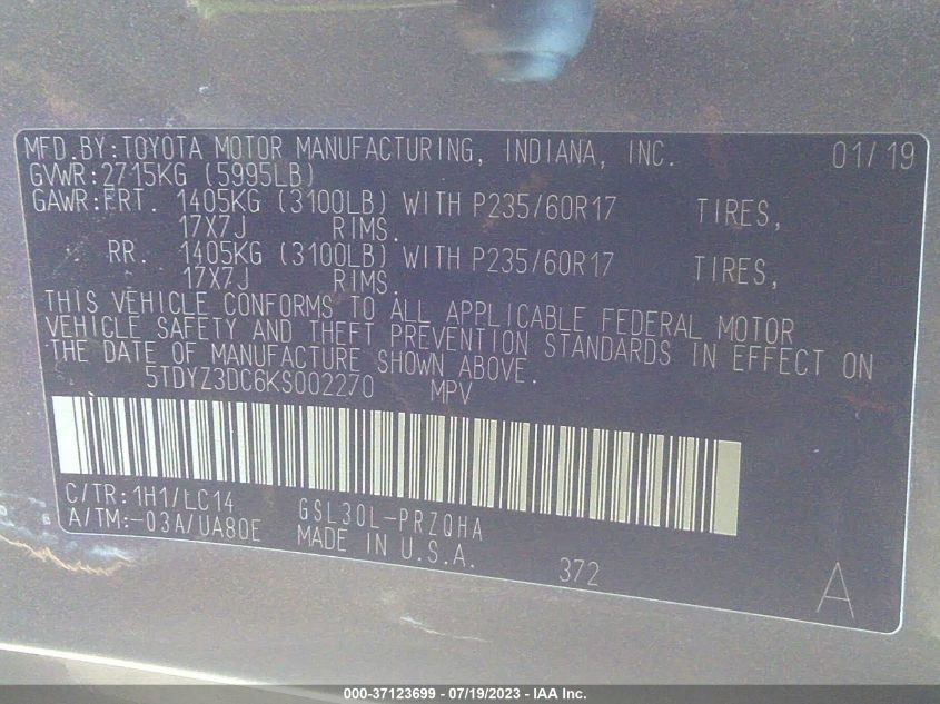 5TDYZ3DC6KS002270 2019 TOYOTA SIENNA, photo no. 9