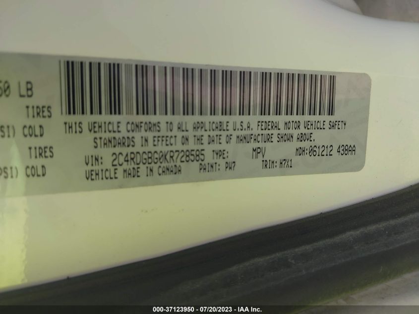 2019 DODGE GRAND CARAVAN SE - 2C4RDGBG0KR728585