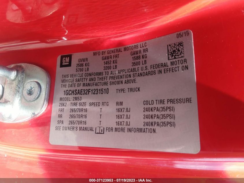 2015 CHEVROLET COLORADO 2WD WT - 1GCHSAE32F1231510