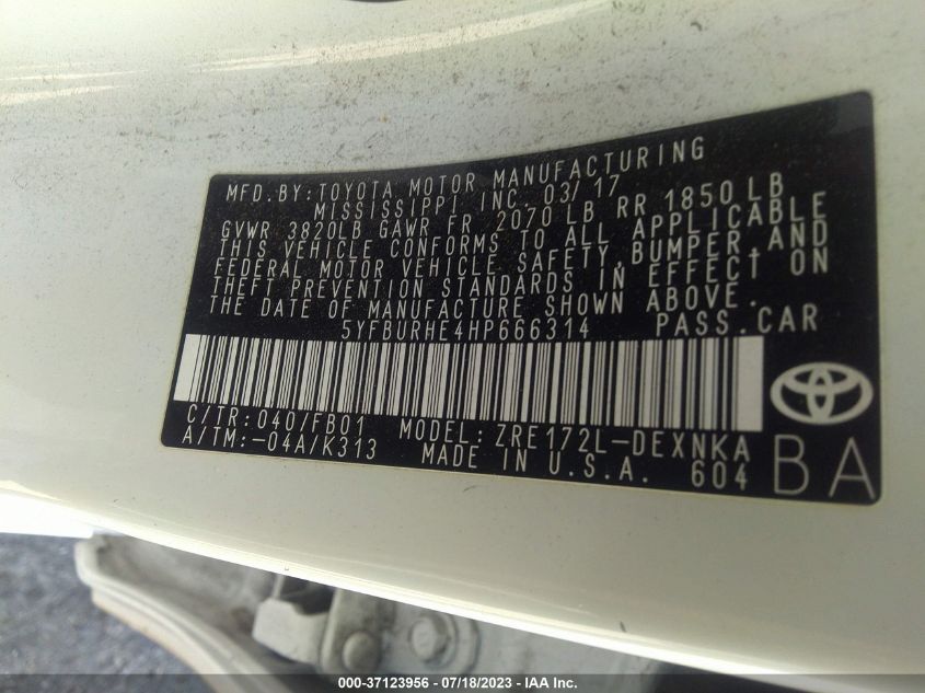 2017 TOYOTA COROLLA L/LE/XLE/SE - 5YFBURHE4HP666314