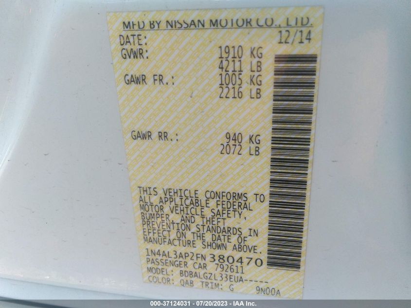 2015 NISSAN ALTIMA 2.5 - 1N4AL3AP2FN380470