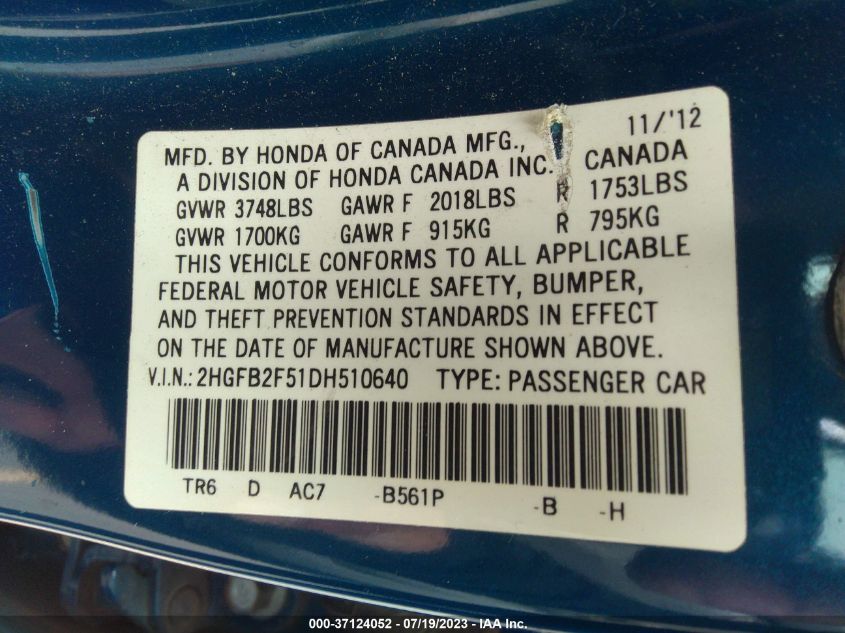 2013 HONDA CIVIC SDN LX - 2HGFB2F51DH510640