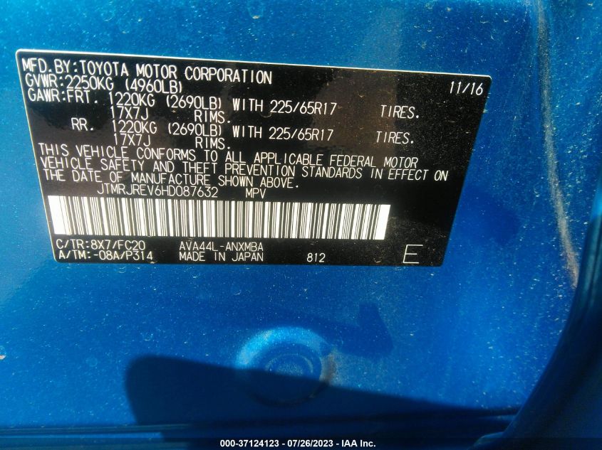 2017 TOYOTA RAV4 HYBRID XLE/LE PLUS JTMRJREV6HD087632