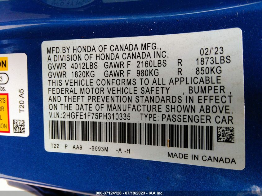 2023 HONDA CIVIC SEDAN EX - 2HGFE1F75PH310335