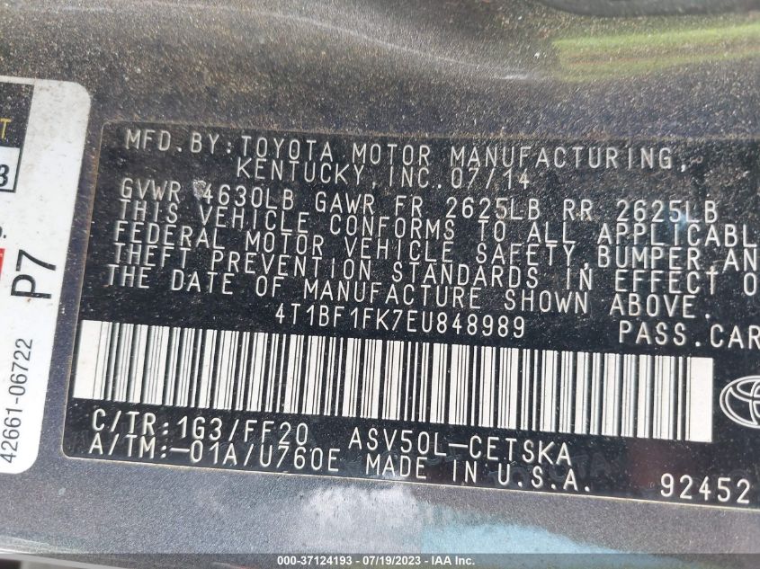 2014 TOYOTA CAMRY L/LE/XLE/SE/SE SPORT - 4T1BF1FK7EU848989