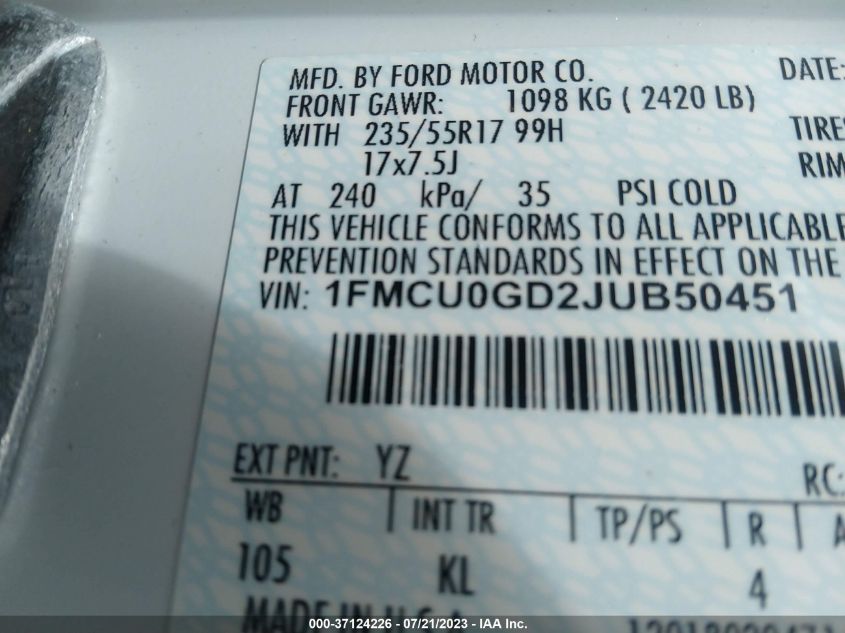 2018 FORD ESCAPE SE - 1FMCU0GD2JUB50451