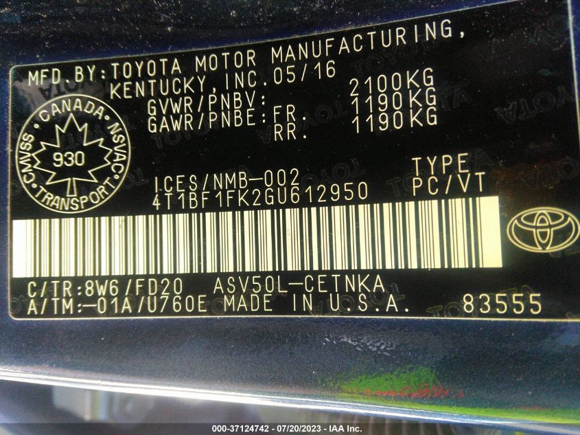 2016 TOYOTA CAMRY XLE/SE/LE/XSE - 4T1BF1FK2GU612950