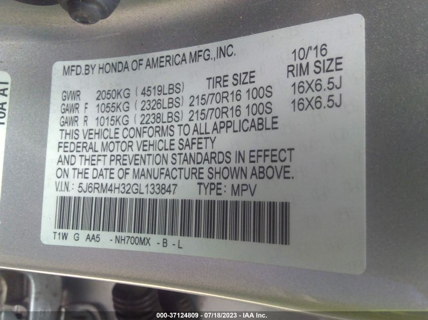 2016 HONDA CR-V LX - 5J6RM4H32GL133847