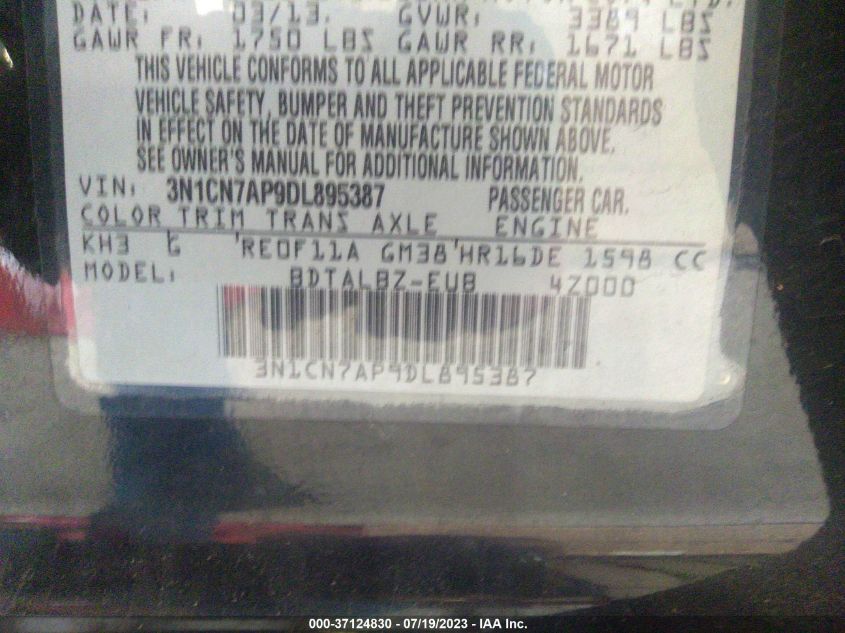 2013 NISSAN VERSA SV - 3N1CN7AP9DL895387