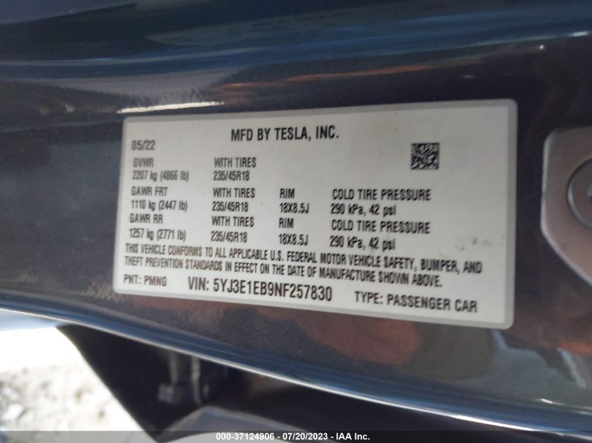 2022 TESLA MODEL 3 LONG RANGE - 5YJ3E1EB9NF257830