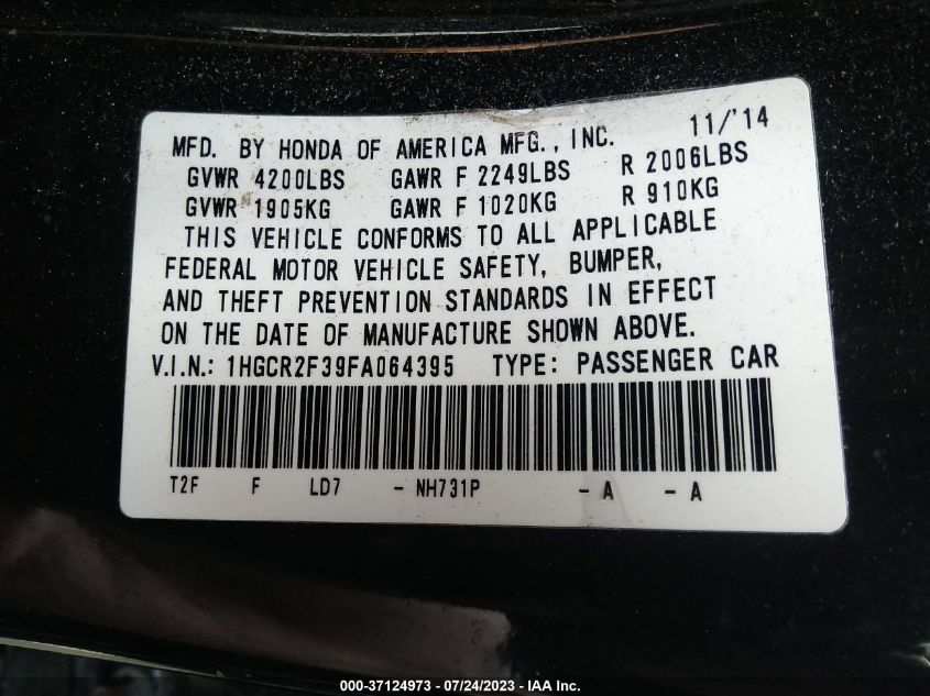 2015 HONDA ACCORD SEDAN LX - 1HGCR2F39FA064395
