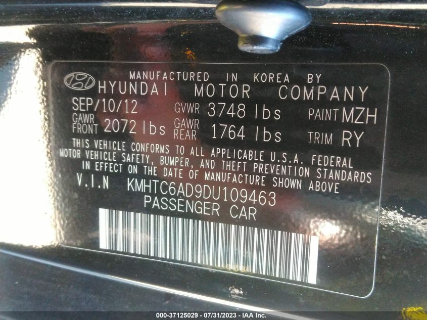 2013 HYUNDAI VELOSTER W/GRAY INT - KMHTC6AD9DU109463