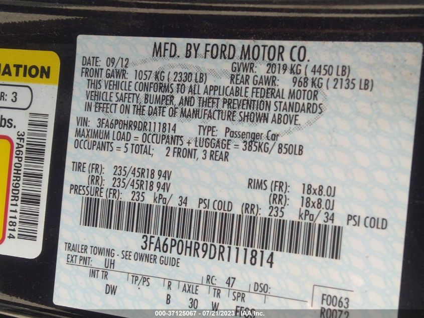 2013 FORD FUSION SE - 3FA6P0HR9DR111814