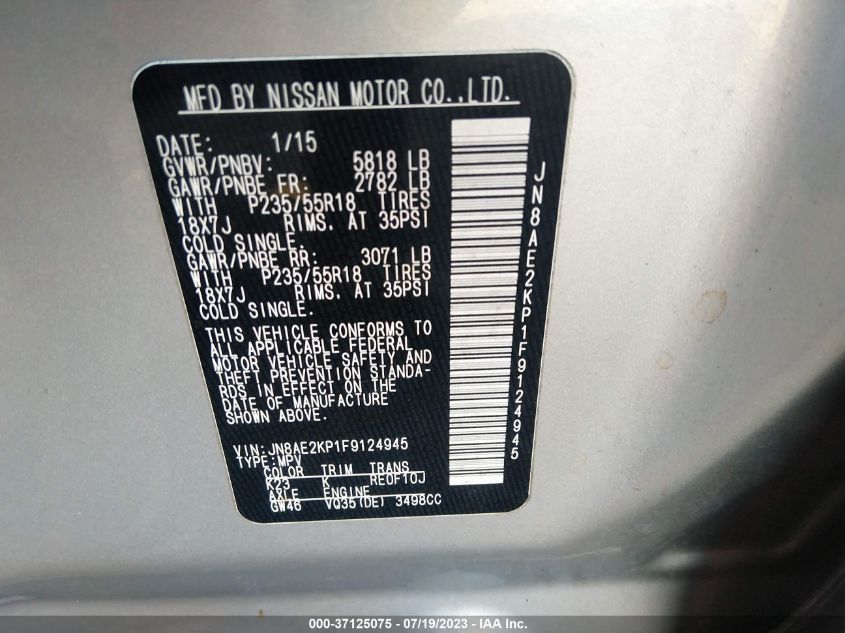 2015 NISSAN QUEST S/SV/SL/PLATINUM - JN8AE2KP1F9124945