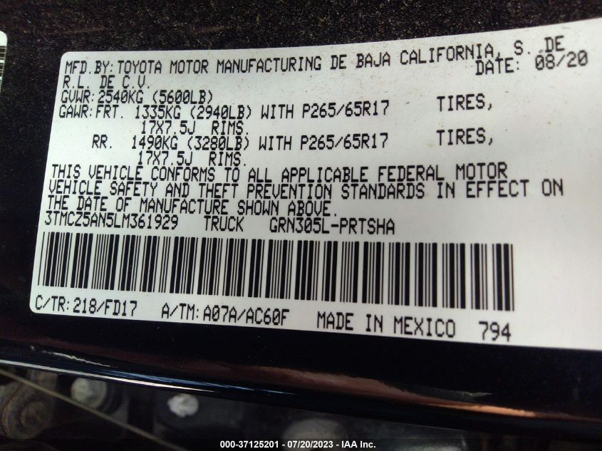 2020 TOYOTA TACOMA 4WD SR5/TRD SPORT - 3TMCZ5AN5LM361929