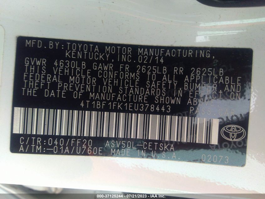 2014 TOYOTA CAMRY L/LE/XLE/SE/SE SPORT - 4T1BF1FK1EU378443