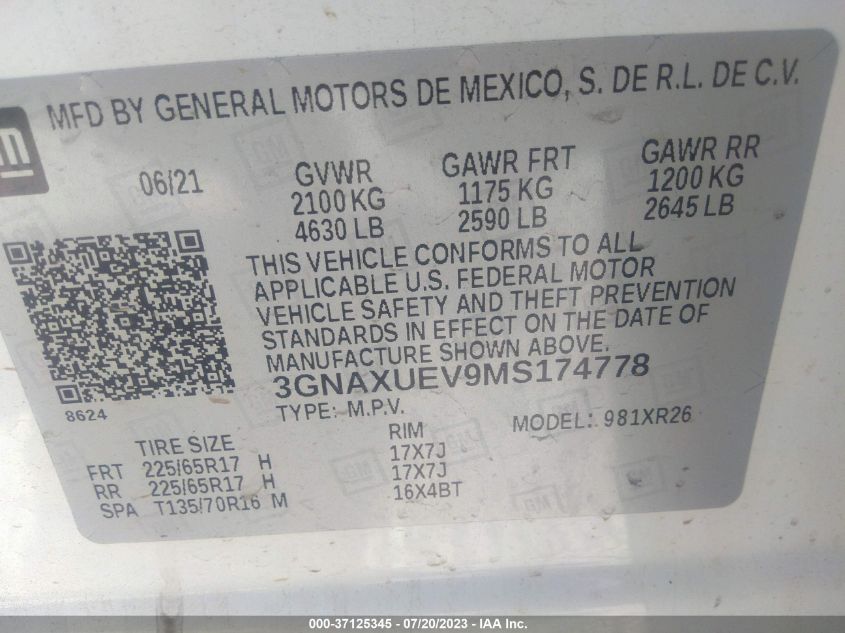 2021 CHEVROLET EQUINOX LT - 3GNAXUEV9MS174778