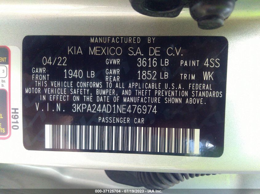 2022 KIA RIO LX/S - 3KPA24AD1NE476974