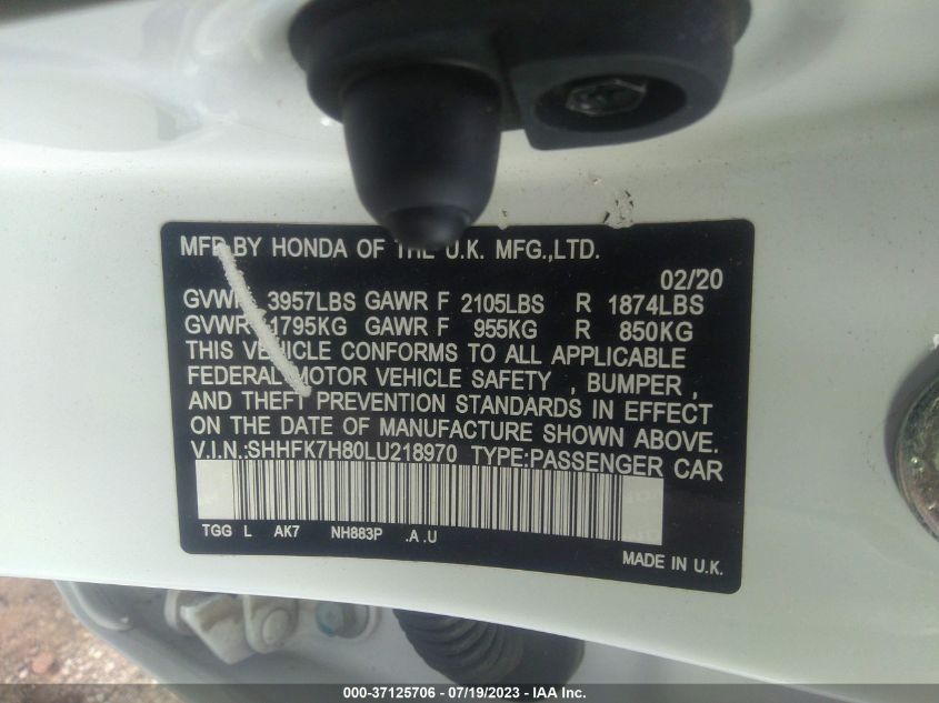 2020 HONDA CIVIC HATCHBACK EX-L - SHHFK7H80LU218970