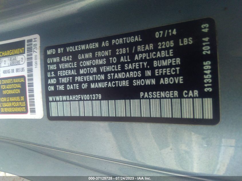2015 VOLKSWAGEN EOS KOMFORT WVWBW8AH2FV001379