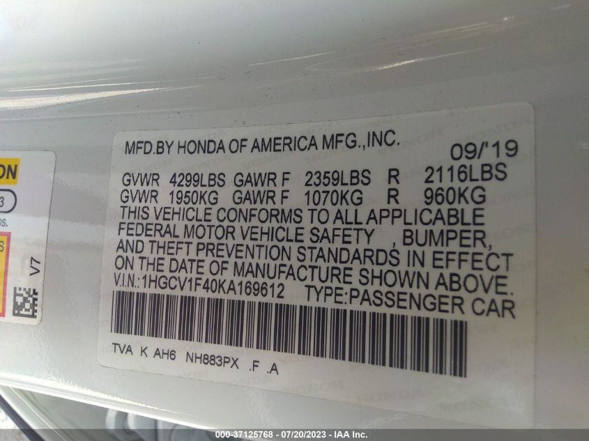 2019 HONDA ACCORD SEDAN EX 1.5T - 1HGCV1F40KA169612