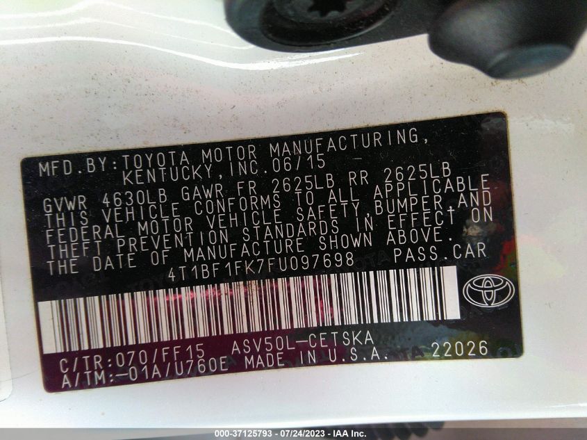 2015 TOYOTA CAMRY XLE/SE/LE/XSE - 4T1BF1FK7FU097698