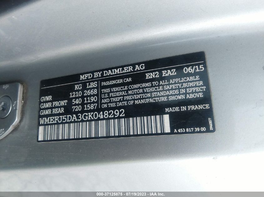 2016 SMART FORTWO PASSION/PURE/PRIME/PROXY - WMEFJ5DA3GK048292