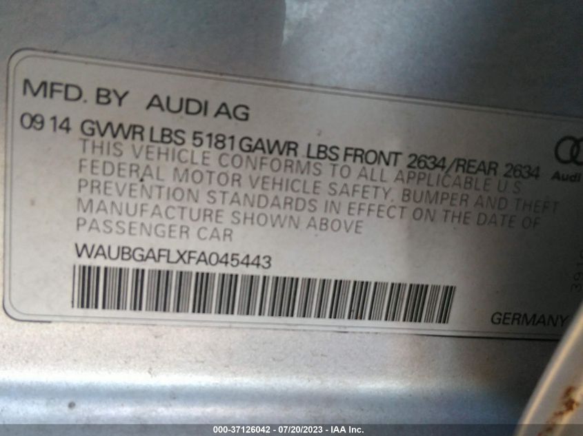 2015 AUDI S4 PREMIUM PLUS WAUBGAFLXFA045443