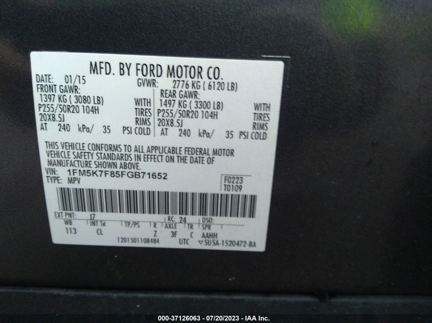 2015 FORD EXPLORER LIMITED - 1FM5K7F85FGB71652