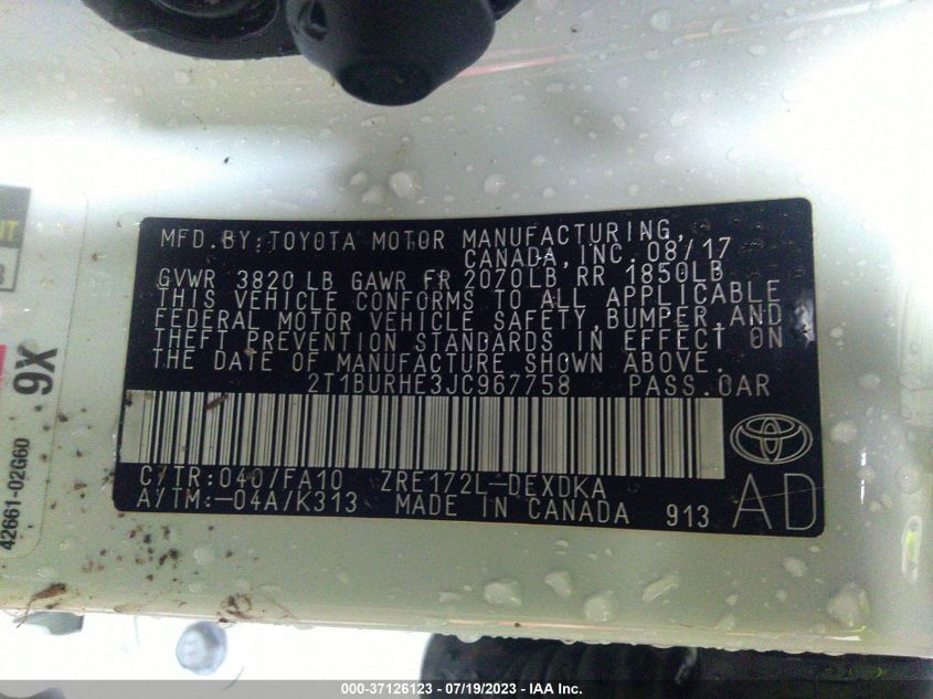2018 TOYOTA COROLLA L/LE/XLE/SE/XSE - 2T1BURHE3JC967758