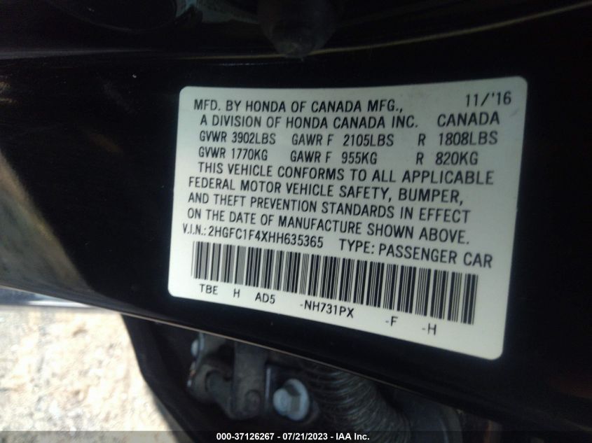 2017 HONDA CIVIC SEDAN EX-T - 2HGFC1F4XHH635365