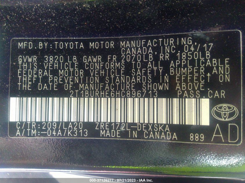 2017 TOYOTA COROLLA L/LE/XLE/SE - 2T1BURHE6HC896713