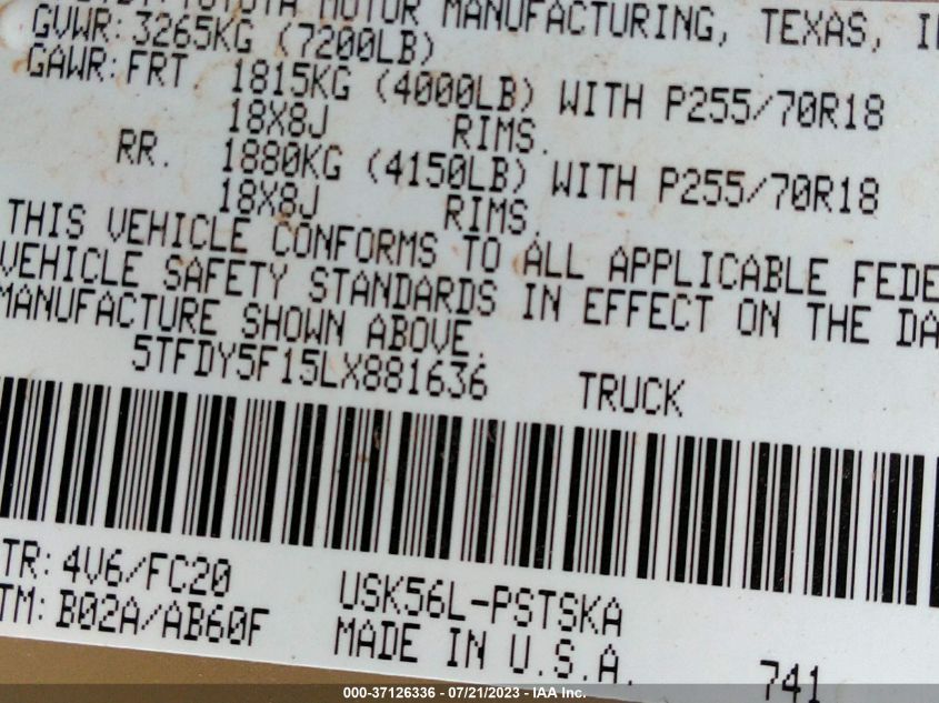 2020 TOYOTA TUNDRA 4WD SR5/TRD PRO - 5TFDY5F15LX881636
