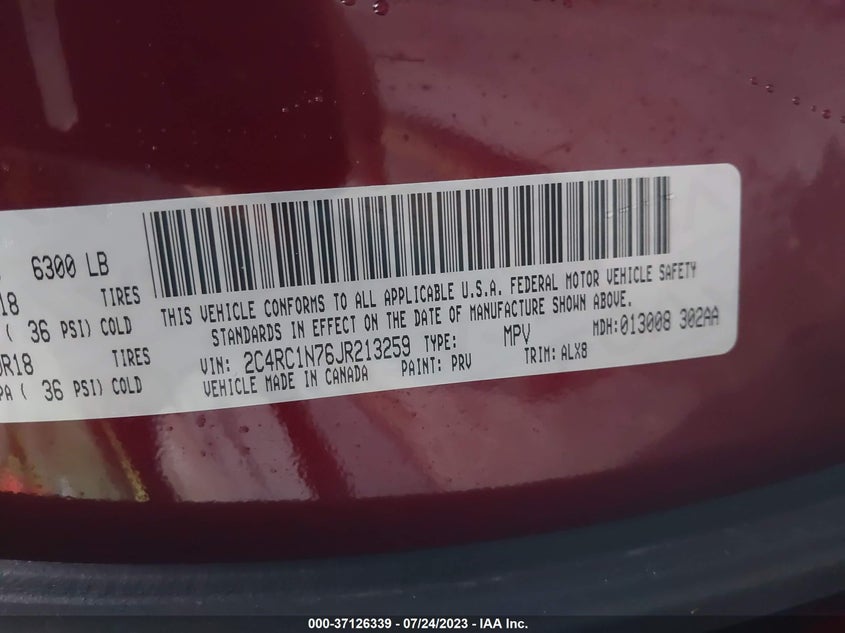VIN 2C4RC1N76JR213259 2018 CHRYSLER PACIFICA HYBRID LIMITED