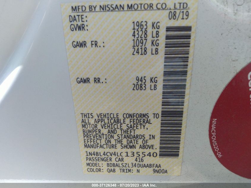 2020 NISSAN ALTIMA 2.5 SR - 1N4BL4CV4LC135540