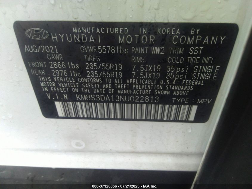 2022 HYUNDAI SANTA FE HYBRID SEL PREMIUM KM8S3DA13NU022813