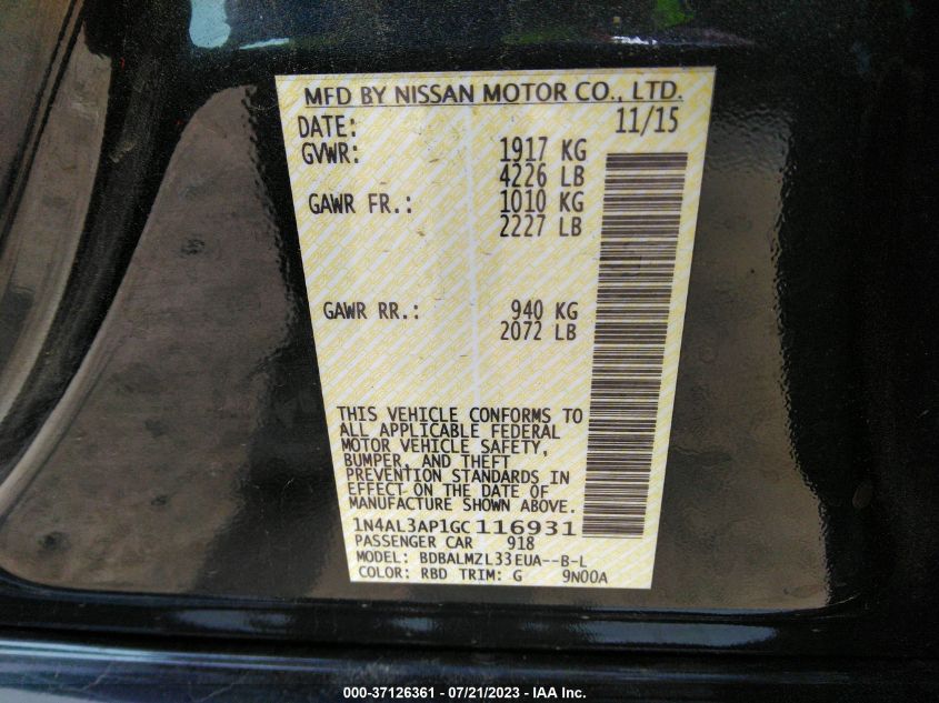 2016 NISSAN ALTIMA 2.5/S/SV/SL/SR - 1N4AL3AP1GC116931