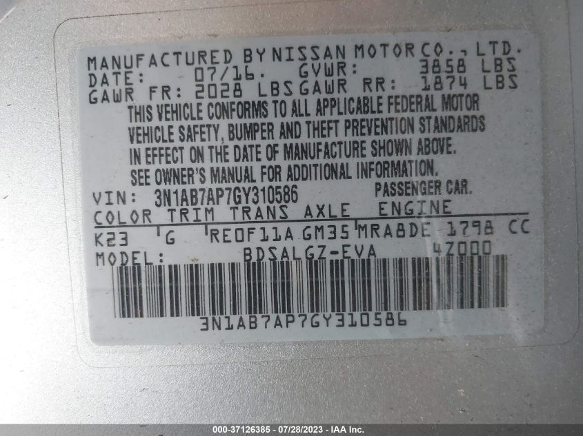 2016 NISSAN SENTRA SL - 3N1AB7AP7GY310586