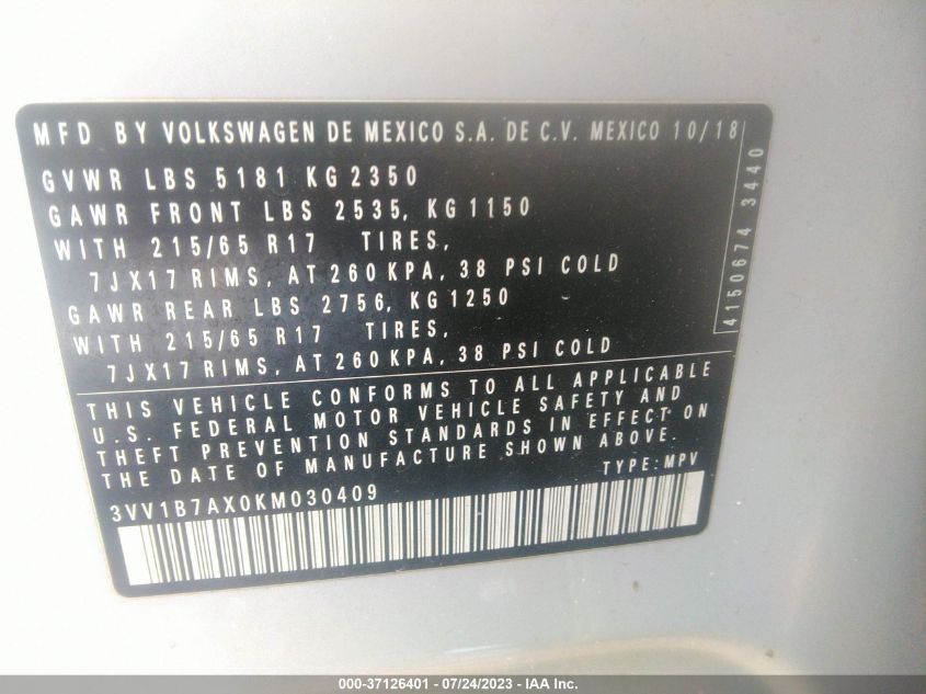 2019 VOLKSWAGEN TIGUAN S - 3VV1B7AX0KM030409