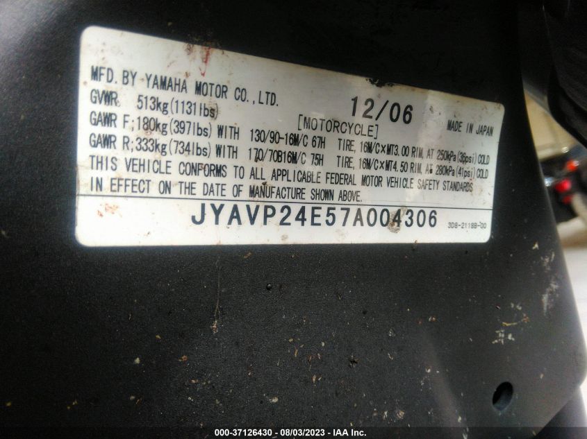 2007 YAMAHA XVS1300 A JYAVP24E57A004306