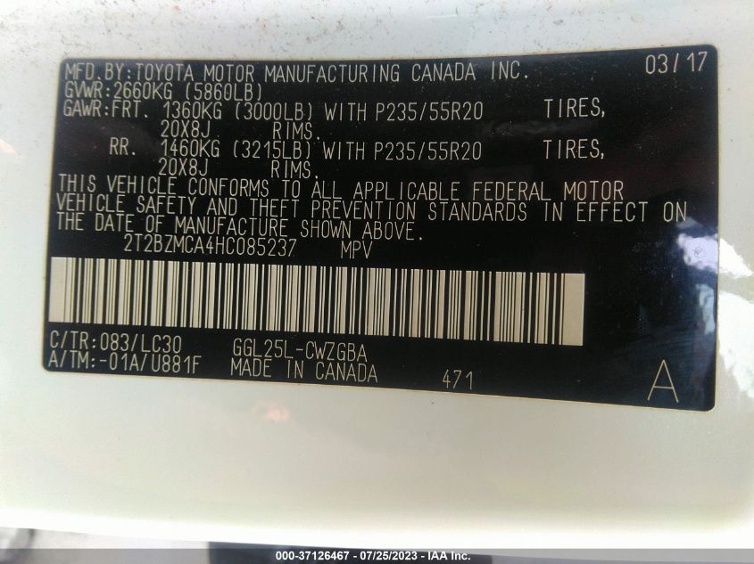 2017 LEXUS RX RX 350 - 2T2BZMCA4HC085237
