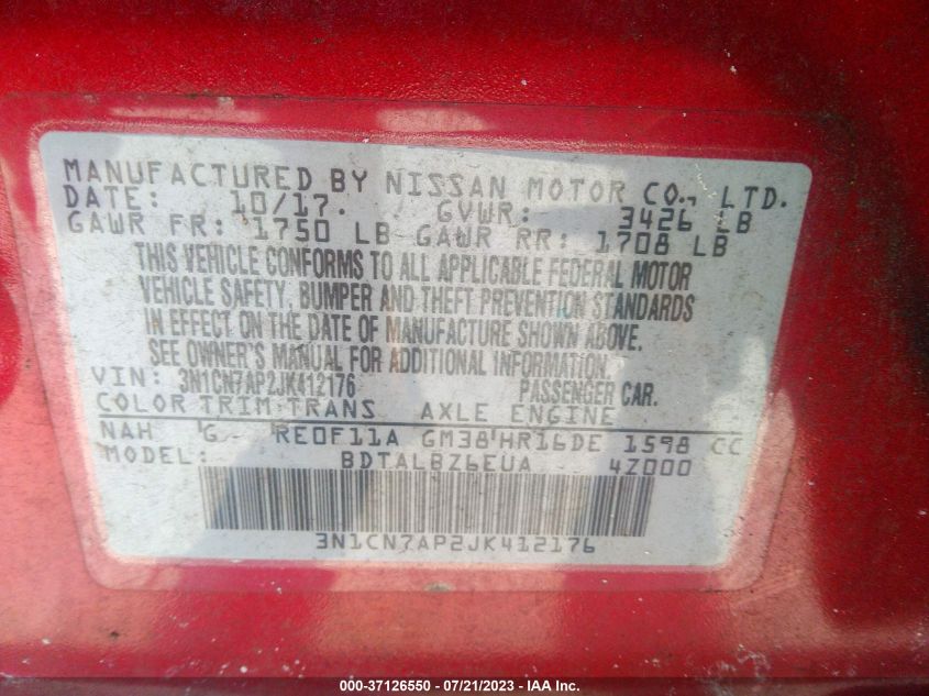 2018 NISSAN VERSA SEDAN SV - 3N1CN7AP2JK412176