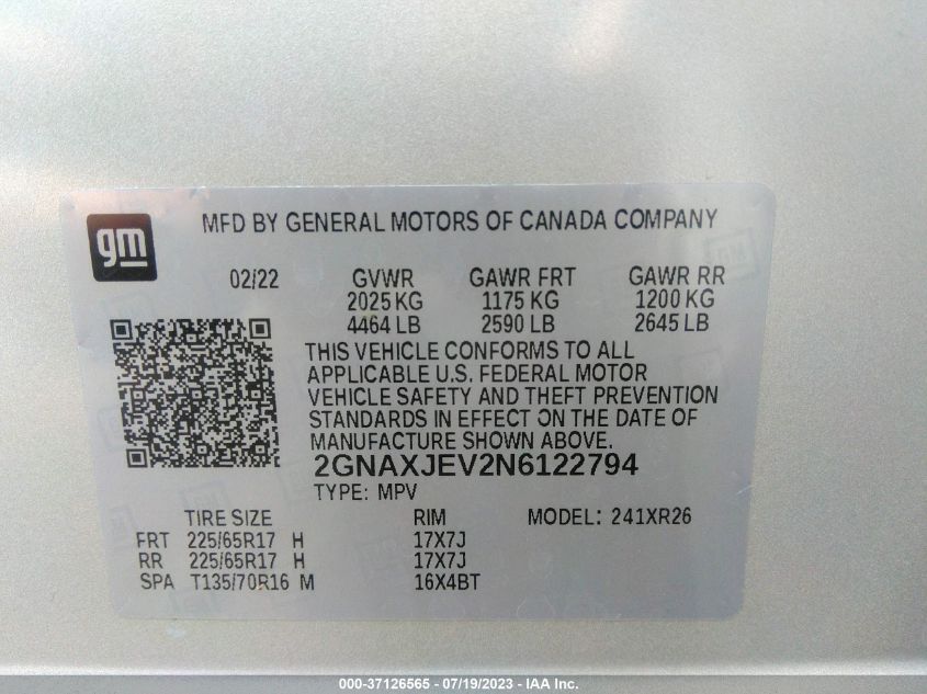 2022 CHEVROLET EQUINOX LT - 2GNAXJEV2N6122794