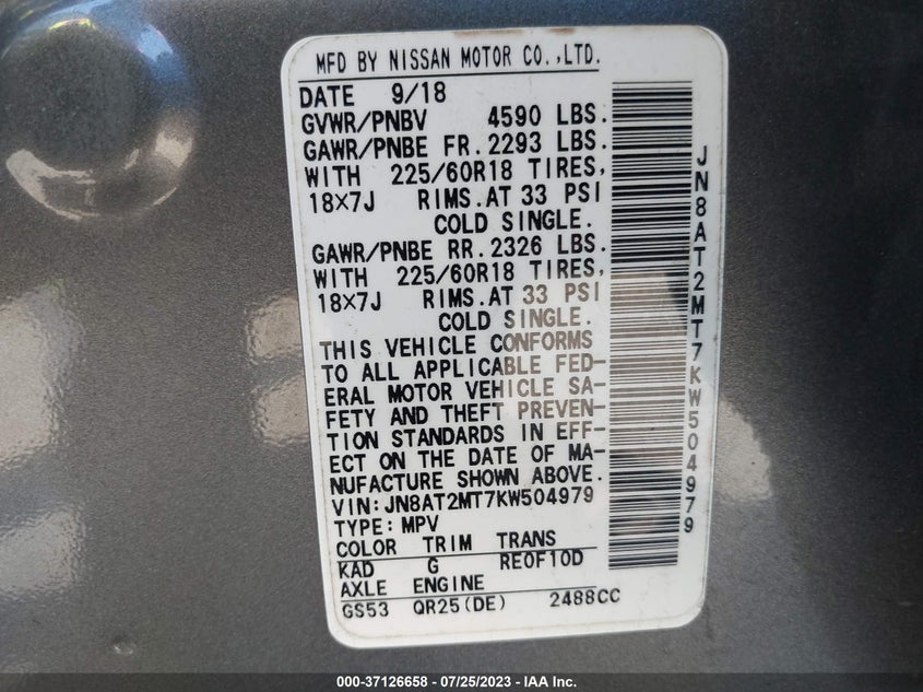 VIN JN8AT2MT7KW504979 2019 NISSAN ROGUE SV