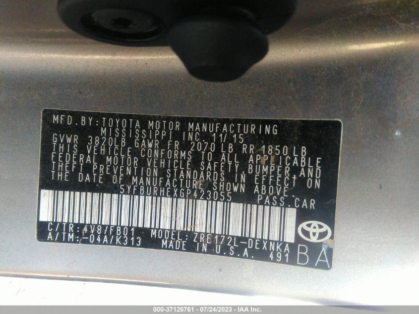 2016 TOYOTA COROLLA L/LE/LE PLS/PRM/S/S PLS - 5YFBURHEXGP423055