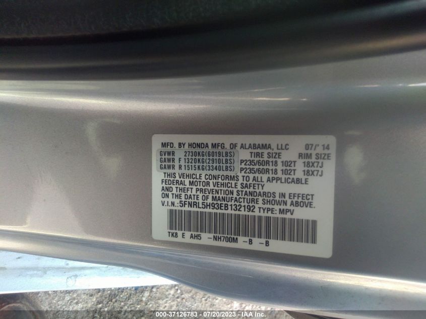 5FNRL5H93EB132192 2014 HONDA ODYSSEY, photo no. 9